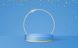 Bright 3d scene with podium platform and confetti on a blue background. vector