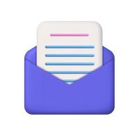 New message 3d icon. Purple open mail envelope and sheet of paper with lines. 3d realistic vector design element.