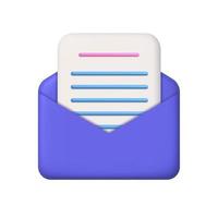 New message 3d icon. Purple open mail envelope and sheet of paper with lines. 3d realistic vector design element.