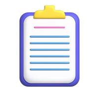Document 3D Icon. White sheet of paper on clipboard. Document with stripes. Business concept. vector