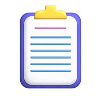 Document 3D Icon. White sheet of paper on clipboard. Document with stripes. Business concept. vector