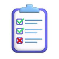 Document 3d icon. To-do list on clipboard with check and cross marks. 3d realistic design element. vector