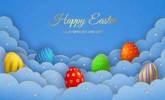 Happy Easter Day greeting card with paper cut clouds and realistic 3d Easter eggs. vector