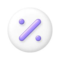 Math 3D icon. Purple percent sign on white round button. 3d realistic design element. vector