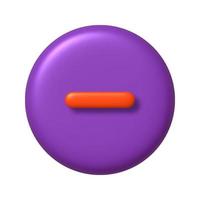 Math 3D icon. Orange arithmetic minus sign on purple round button. 3d realistic design element. vector