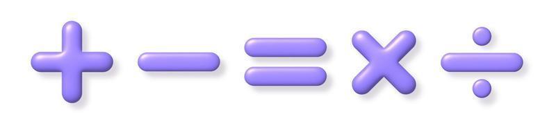 Math 3D icon set. Purple arithmetic plus, minus, equals, multiply and divide signs on white background with shadow. Vector illustration.