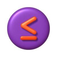 Math 3D icon. Orange arithmetic less than or equal sign on purple round button. 3d realistic design element. vector