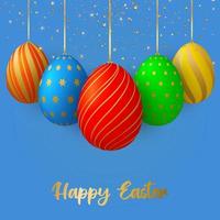 Happy Easter greeting card. Cute colorful 3D Easter eggs hanging on golden ribbons. vector