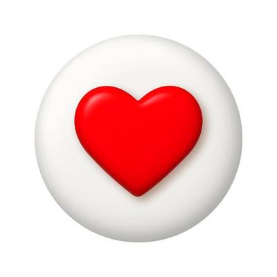 Red heart icon on white button. 3d realistic design element.