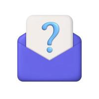 New message 3d icon. Purple open mail envelope and paper with question mark. 3d realistic vector design element.