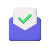 New message 3d icon. Purple open mail envelope and sheet of paper with check mark. 3d realistic vector design element.