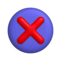 Red cancel cross mark icon on round purple button. 3d realistic design element.