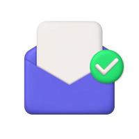 New message 3d icon. Purple open mail envelope and paper with tick. 3d realistic vector design element.