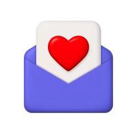 New message 3d icon. Purple open mail envelope and sheet of paper with heart. 3d realistic vector design element.