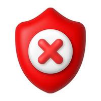 Red cross and shield 3d icon. Cancel and danger concept. 3d realistic vector design element.