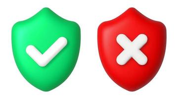 White cross and check mark on red and green shields. Cancel and accept icons. 3d realistic vector design element.