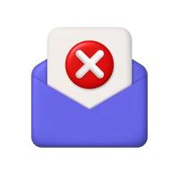 New message 3d icon. Purple open mail envelope, paper and red button with cross mark. 3d realistic vector design element.