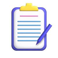 Document 3D Icon. White sheet of paper on clipboard. Document with pen. business concept. 3d realistic vector