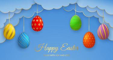 Happy Easter Day greeting card with paper cut clouds and Easter eggs garlands. vector