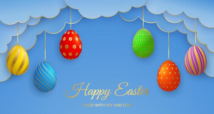 Happy Easter Day greeting card with paper cut clouds and Easter eggs garlands.