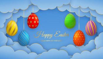 Happy Easter greeting card. Paper clouds and bright realistic Easter eggs on strings. vector