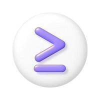 Math 3D icon. Purple arithmetic greater than or equal sign on white round button. 3d realistic design element. vector