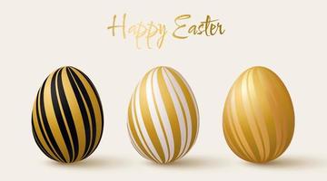 Easter eggs set. Black, white and gold 3d design elements with gold pattern. vector