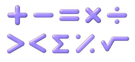 Math 3D icon set. Purple arithmetic signs on white background with shadow. Vector illustration.