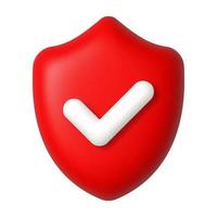 White check mark on red shield 3d icon. Security and protection concept. 3d realistic vector design element.