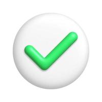 Green check mark icon on white round button. 3d realistic design element. vector