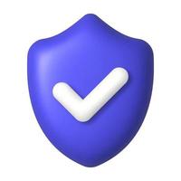 White checkmark on purple shield 3d icon. Security and protection concept. 3d realistic vector design element.