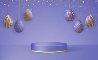 Happy Easter Day 3d scene with podium platform, Easter eggs garlands and confetti in trendy colors Very Peri. vector