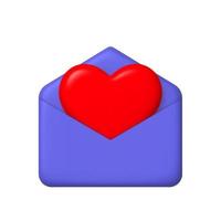 New message 3d icon. Purple open mail envelope and big heart. 3d realistic vector design element.