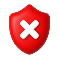 White cross on a red shield. Cancel and unprotected concept. 3d realistic vector design element.