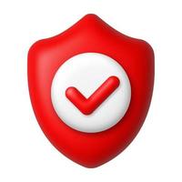 Red checkmark and shield 3d icon. Security and protection concept. 3d realistic vector design element.