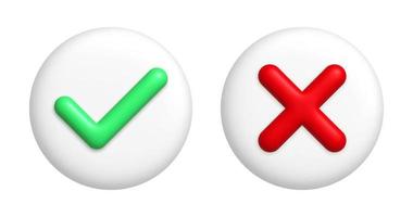 Red cancel cross mark and green checkmark icons on round white buttons. 3d realistic design element. vector