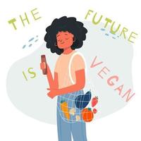 Vector young woman with vegetables in zero waste string bag near the message the future is vegan. veganuary