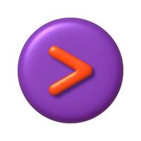 Math 3D icon. Orange arithmetic greater than sign on purple round button. 3d realistic design element. vector