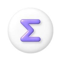 Math 3D icon. Purple sum sign on white round button. 3d realistic design element. vector