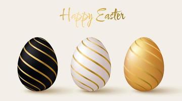 Easter eggs set. Black, white and gold 3d design elements with gold pattern. vector