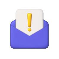 New message 3d icon. Purple open mail envelope and sheet of paper with exclamation point. 3d realistic vector design element.