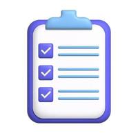 Document 3d icon. Sheet of paper on clipboard. To-do list concept with check marks. 3d realistic design element. vector