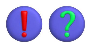 Exclamatory and interrogative mark. 3d icons on purple round button. 3d vector realistic design element.