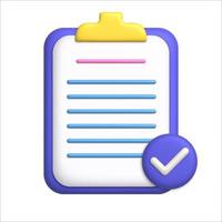 Document 3d icon. White sheet of paper on clipboard. Document with stripes and check mark. vector