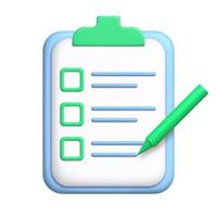 Document 3d icon. To-do list on clipboard with pen. 3d realistic design element. vector