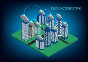 el isométrica plano 3d ciudad con rascacielos y nubes concepto red tecnología nube informática datos almacenamiento vector ilustrador