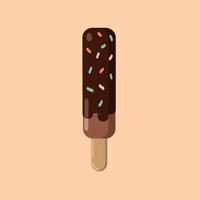 Chocolate ice cream in chocolate coating on a stick with multicolored sprinkles on a beige background. Vector. EPS10 vector