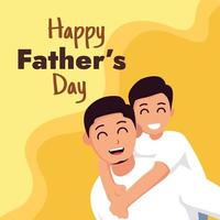 hijo en su del padre espalda, padre y hijo dúo con amarillo antecedentes vector ilustración. contento del padre día celebracion concepto. adecuado a utilizar en del padre día evento