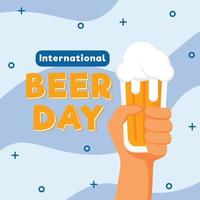 International Beer Day . A handa holding the beer beer glass. Vector illustration in retro style. Suitable to use on International beer day event.