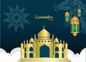 ramadan kareem with golden mosque and lamp with navy background vector